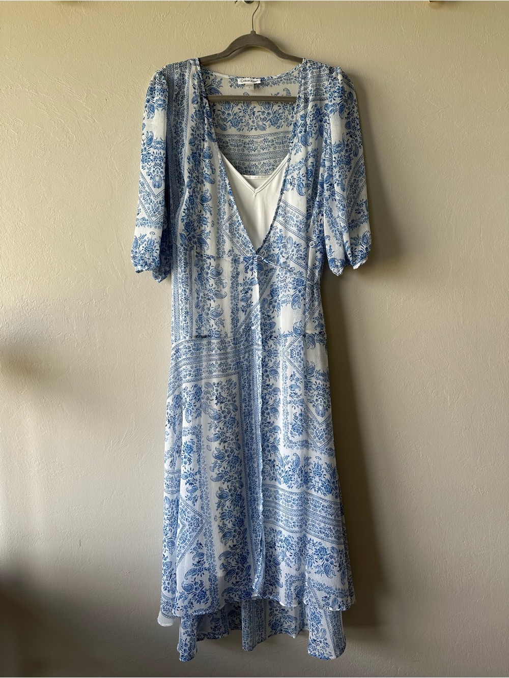 Calvin Klein Chiffon Boho Blue Floral Wrap Midi Dress Size 12 Airy Flowy
